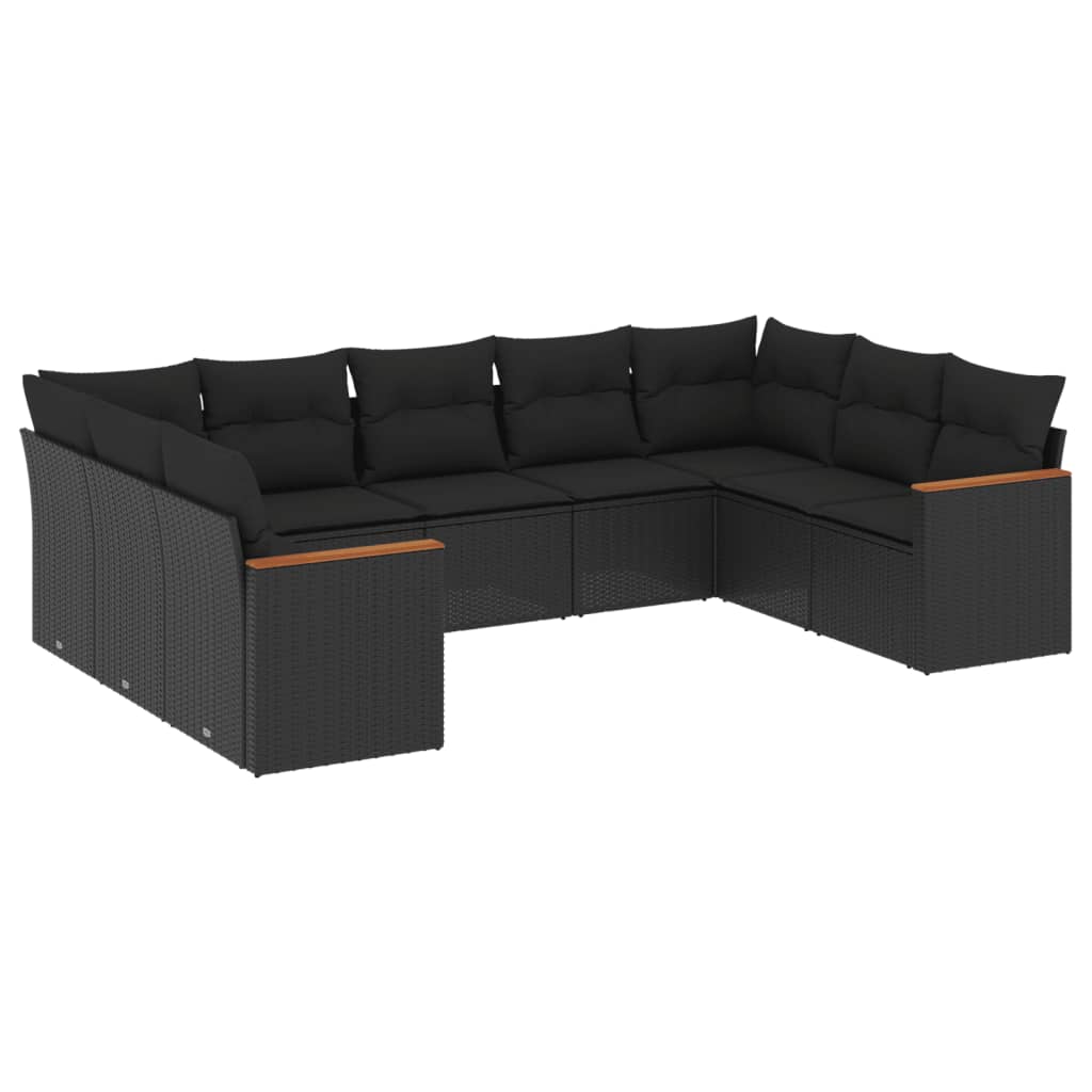 Salon de jardin 9 pcs avec coussins noir résine tressée