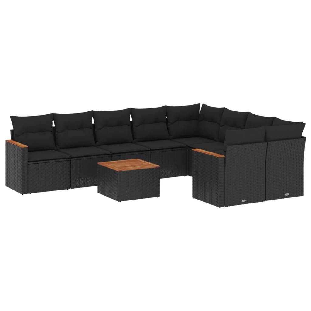 Salon de jardin 10 pcs avec coussins noir résine tressée