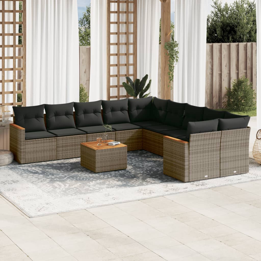 Salon de jardin 11 pcs avec coussins gris résine tressée