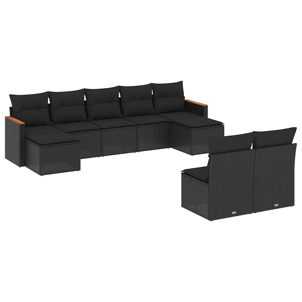 Salon de jardin 9 pcs avec coussins noir résine tressée