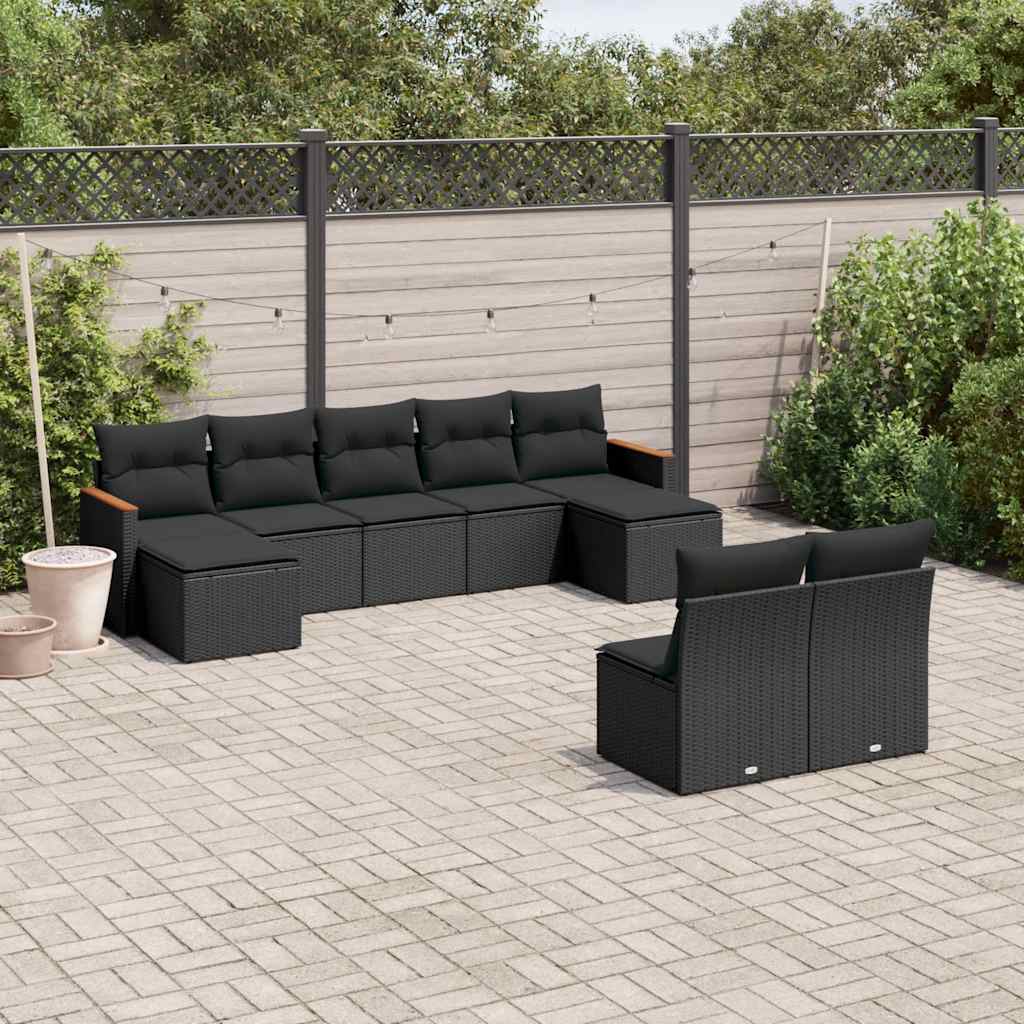 Salon de jardin 9 pcs avec coussins noir résine tressée