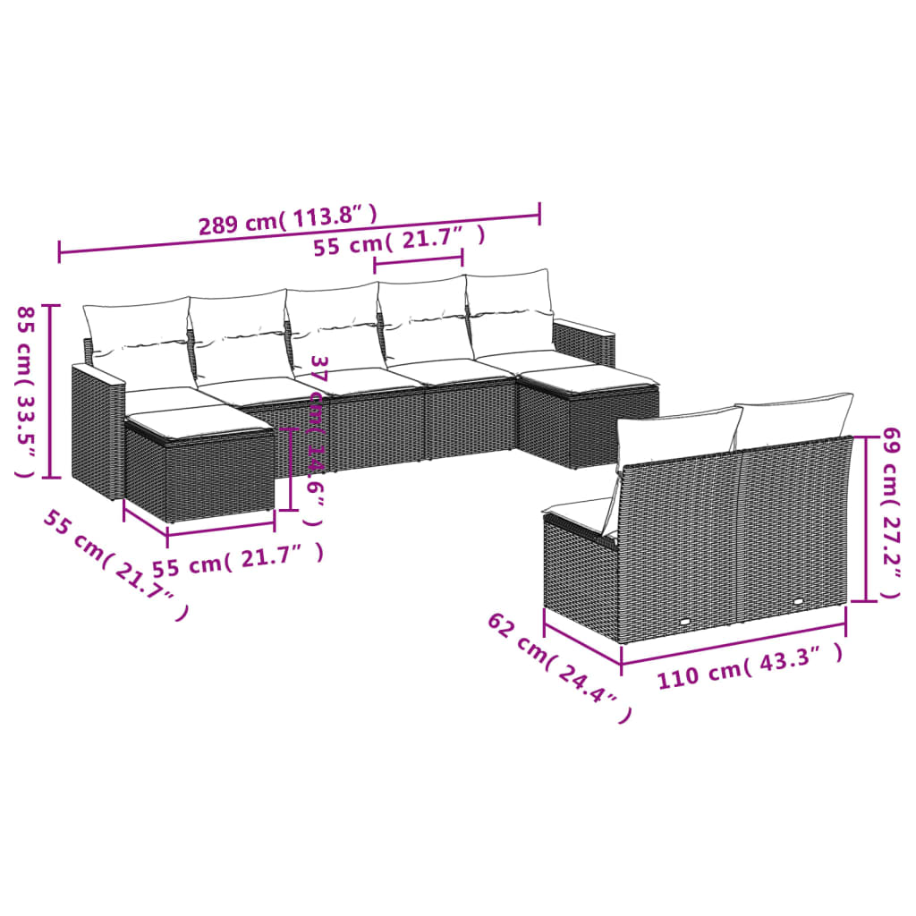 Salon de jardin avec coussins 9 pcs beige résine tressée