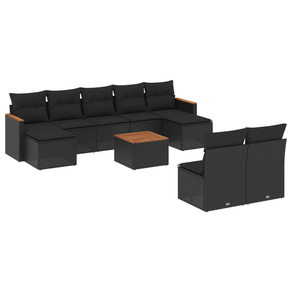 Salon de jardin 10 pcs avec coussins noir résine tressée