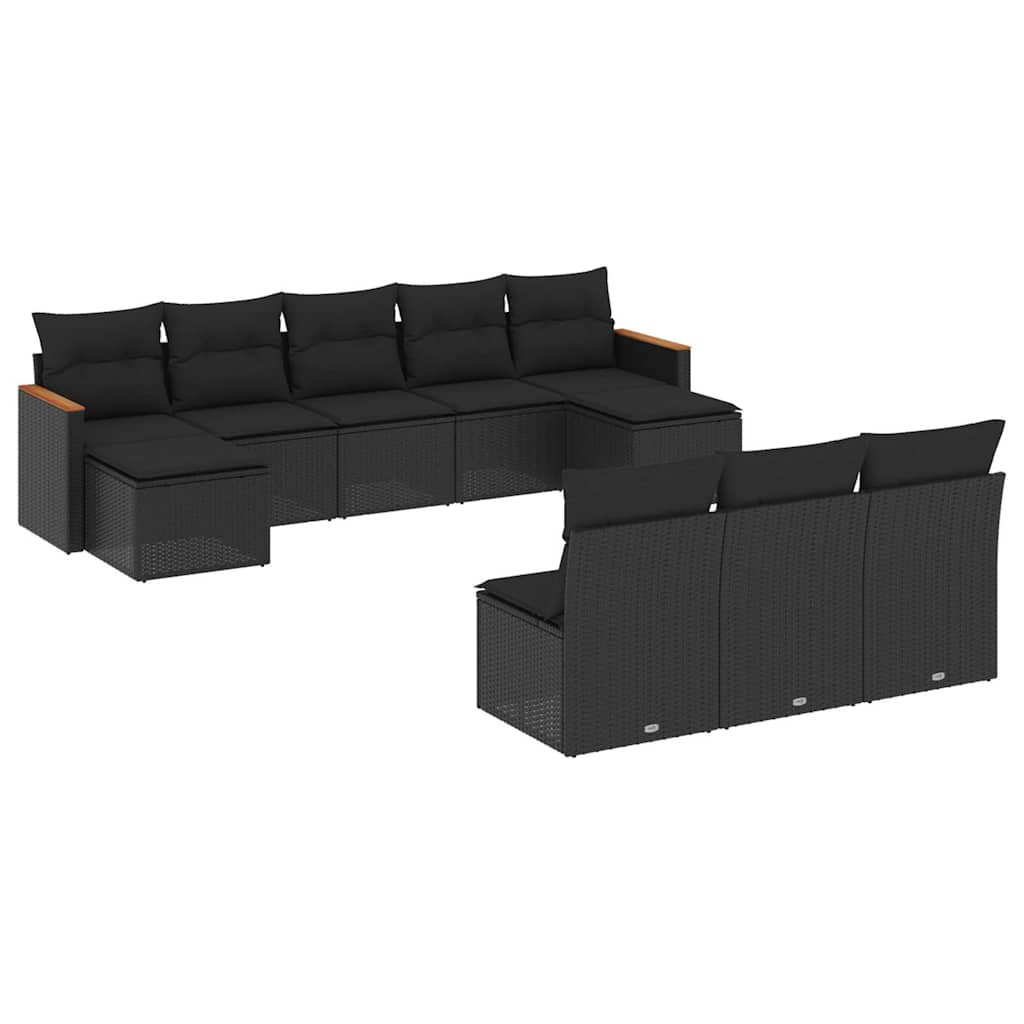 Salon de jardin 10 pcs avec coussins noir résine tressée