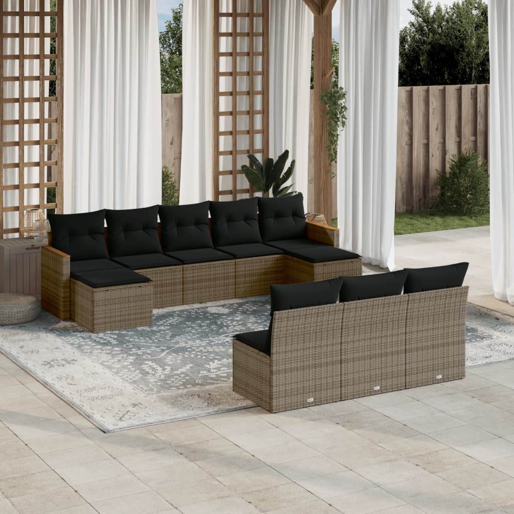 Salon de jardin avec coussins 10 pcs gris résine tressée