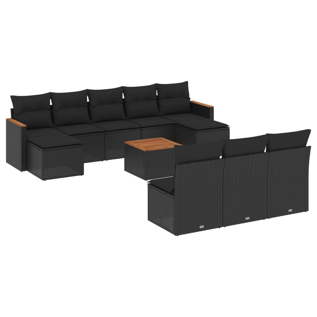 Salon de jardin 11 pcs avec coussins noir résine tressée