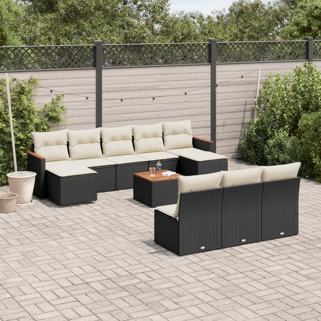 Salon de jardin 11 pcs avec coussins noir résine tressée