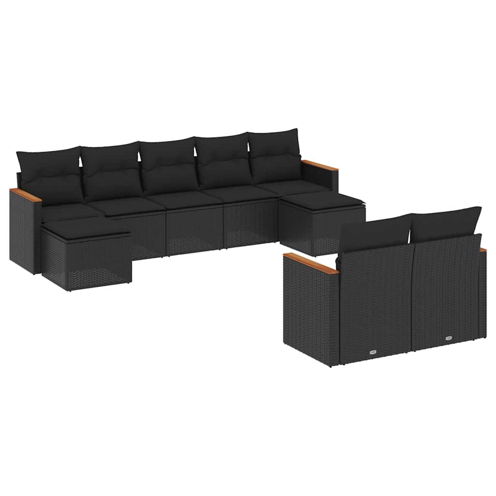 Salon de jardin 9 pcs avec coussins noir résine tressée