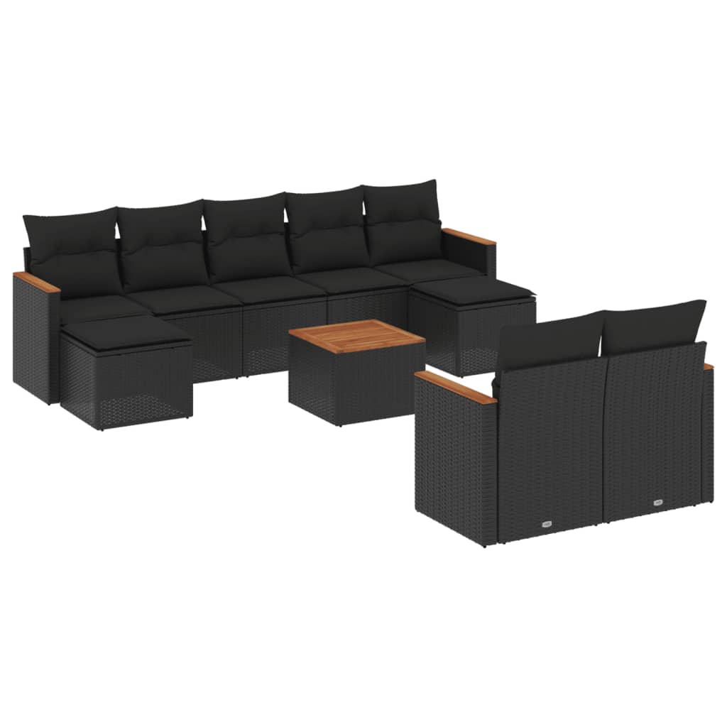 Salon de jardin 10 pcs avec coussins noir résine tressée