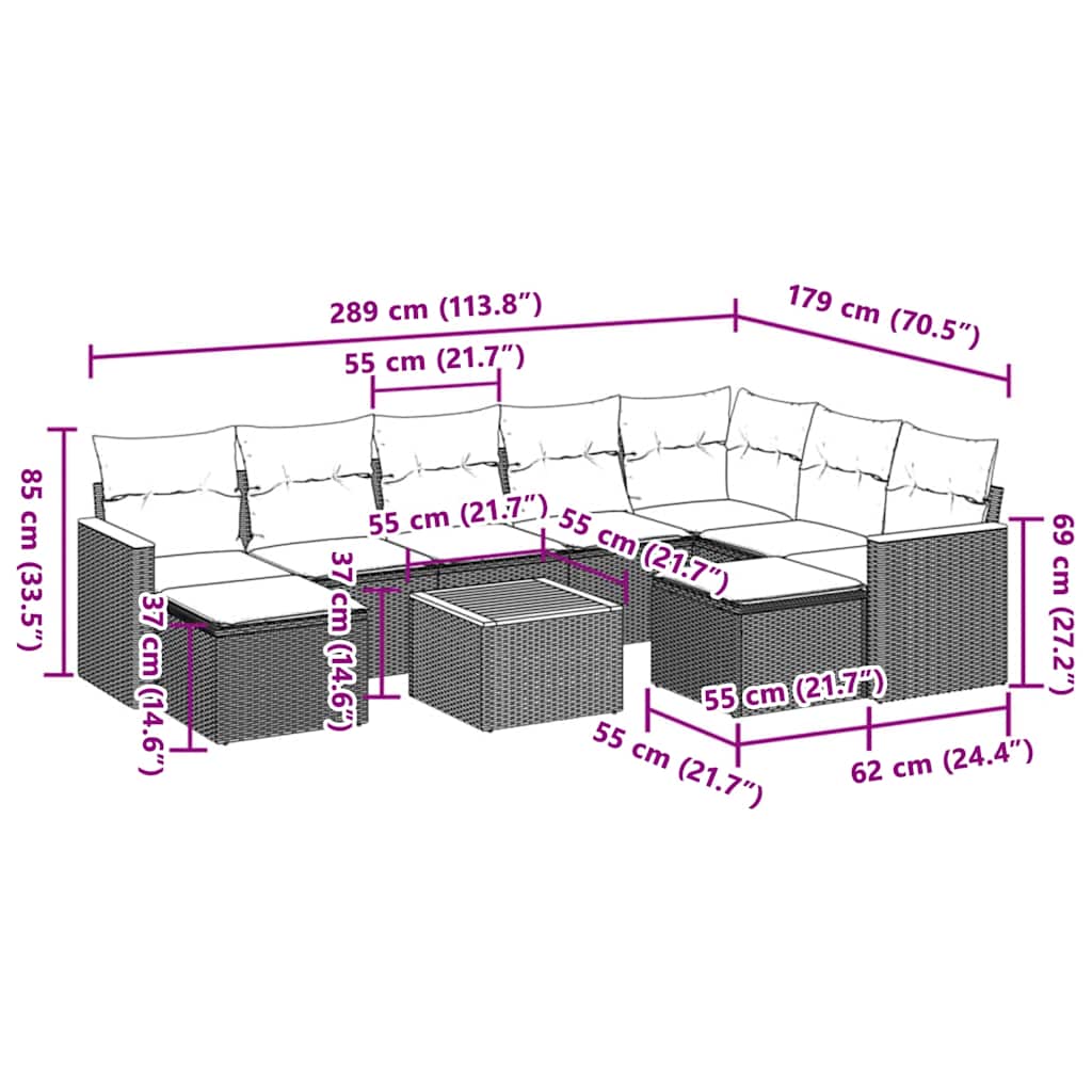 Salon de jardin 10 pcs avec coussins noir résine tressée