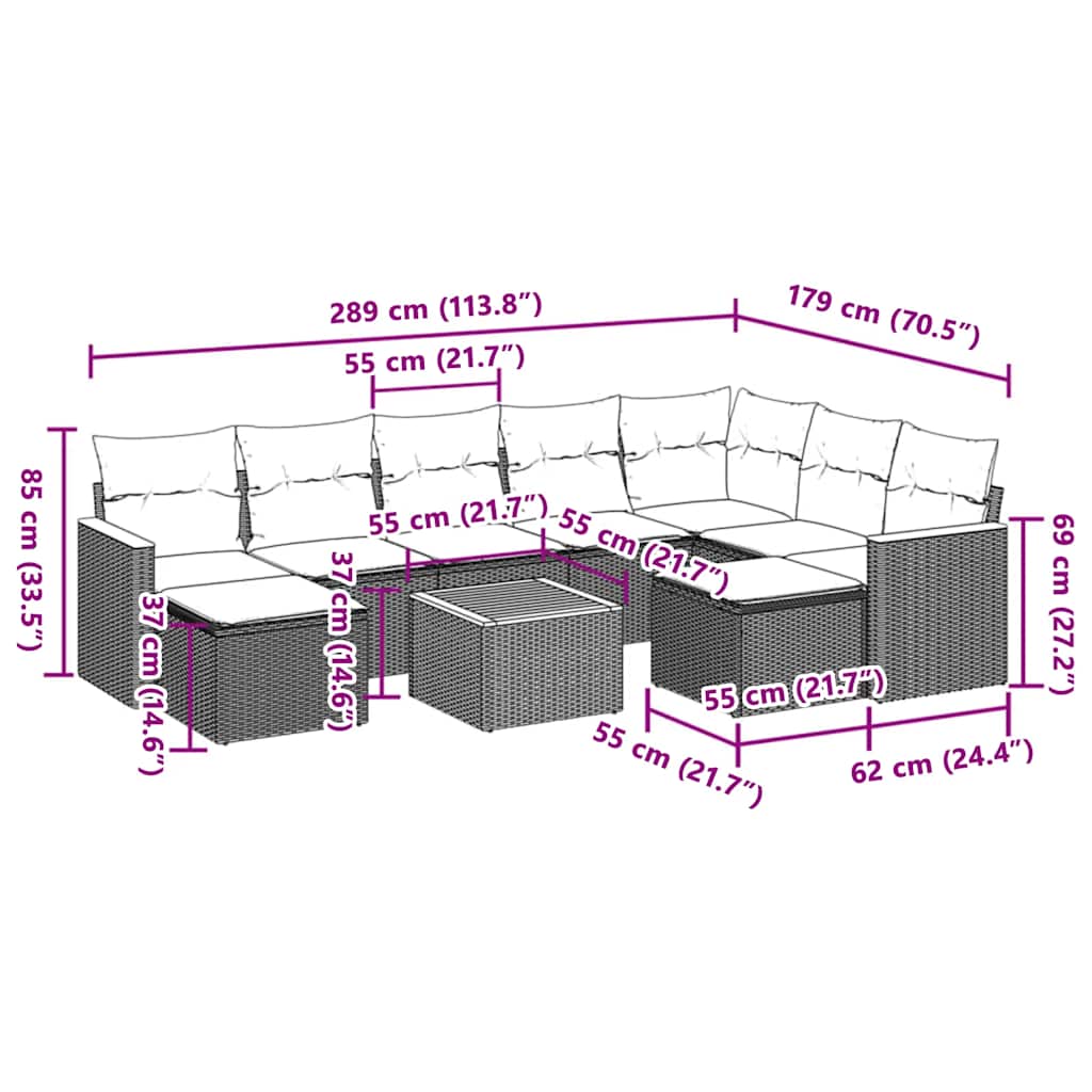 Salon de jardin 10 pcs avec coussins noir résine tressée