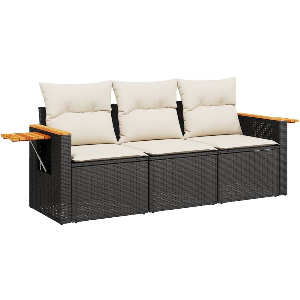 Salon de jardin 3 pcs avec coussins noir résine tressée