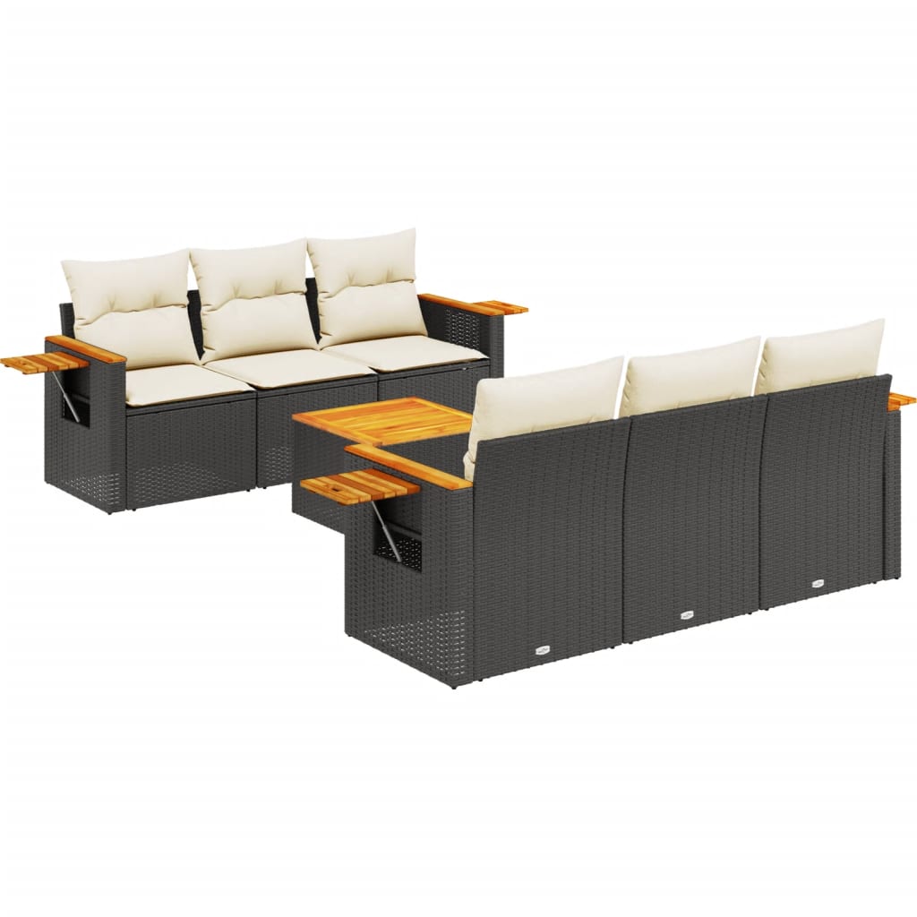 Salon de jardin 7 pcs avec coussins noir résine tressée