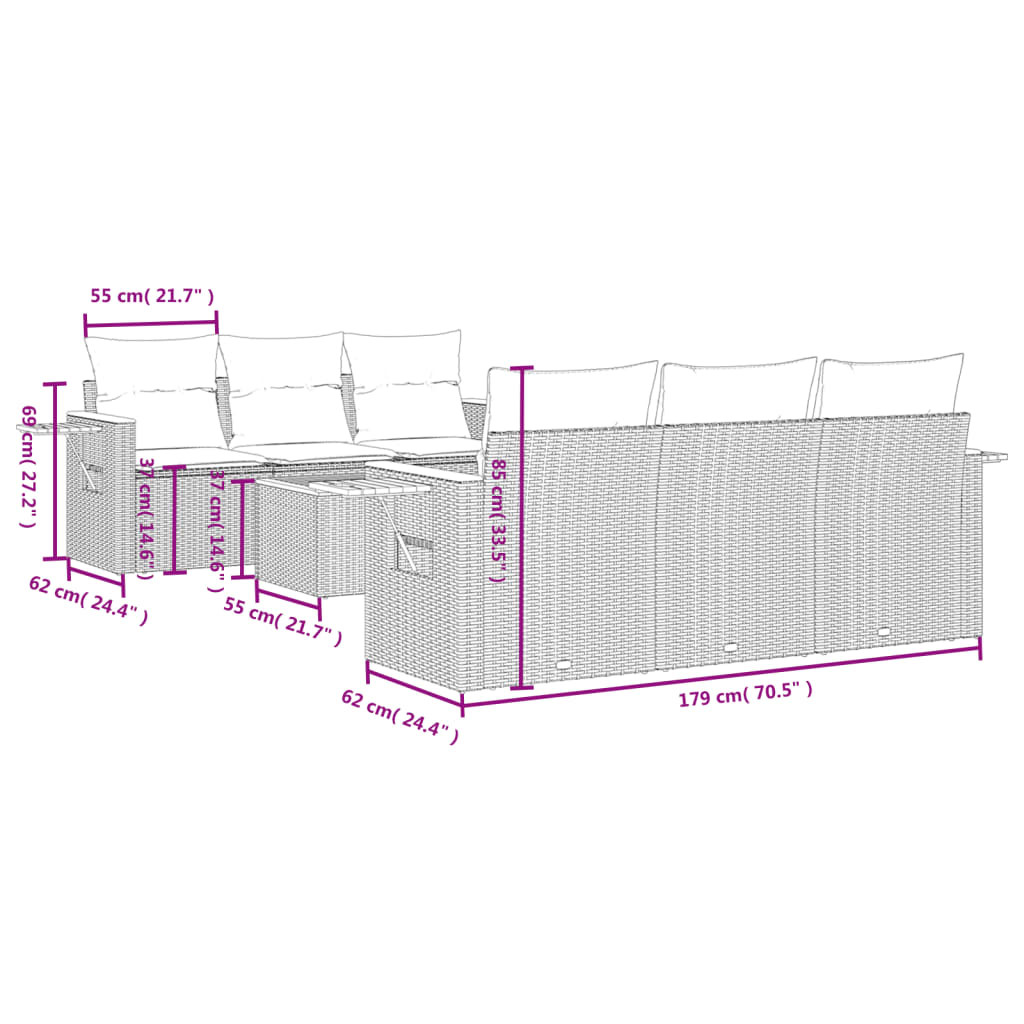 Salon de jardin 7 pcs avec coussins noir résine tressée