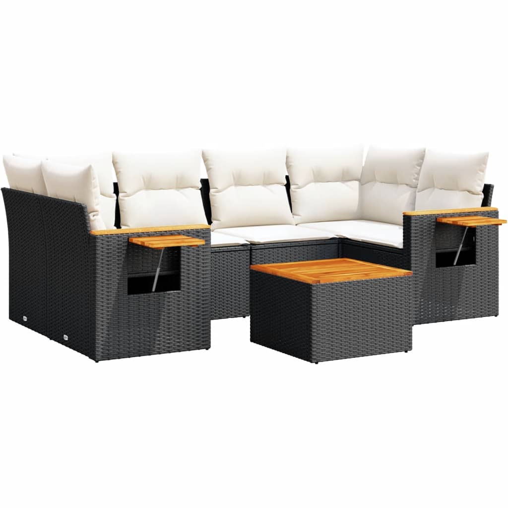 Salon de jardin 7 pcs avec coussins noir résine tressée