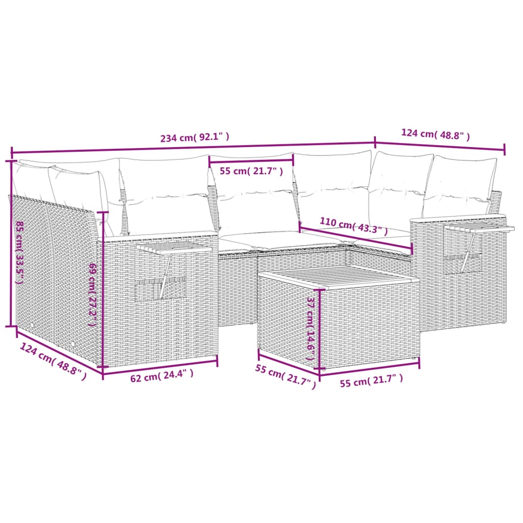 Salon de jardin avec coussins 7 pcs beige résine tressée