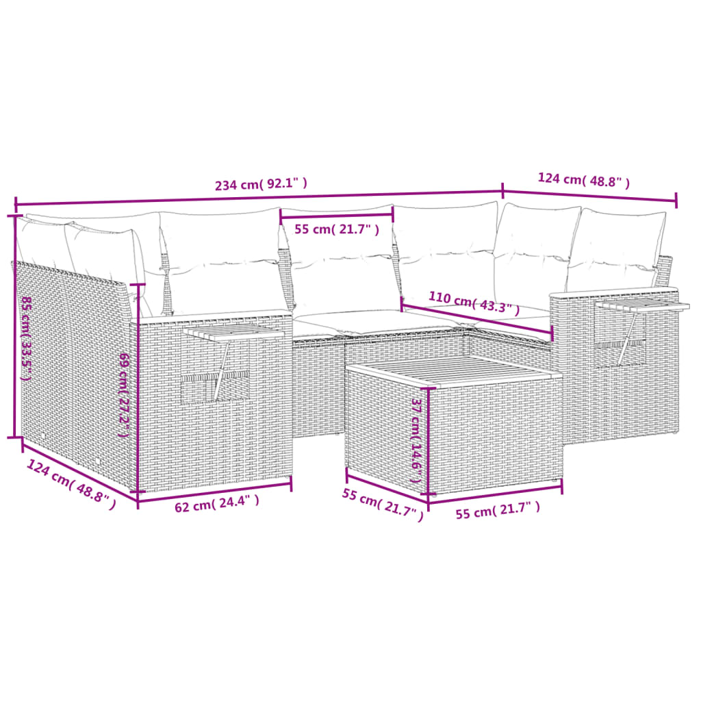 Salon de jardin avec coussins 7 pcs gris résine tressée