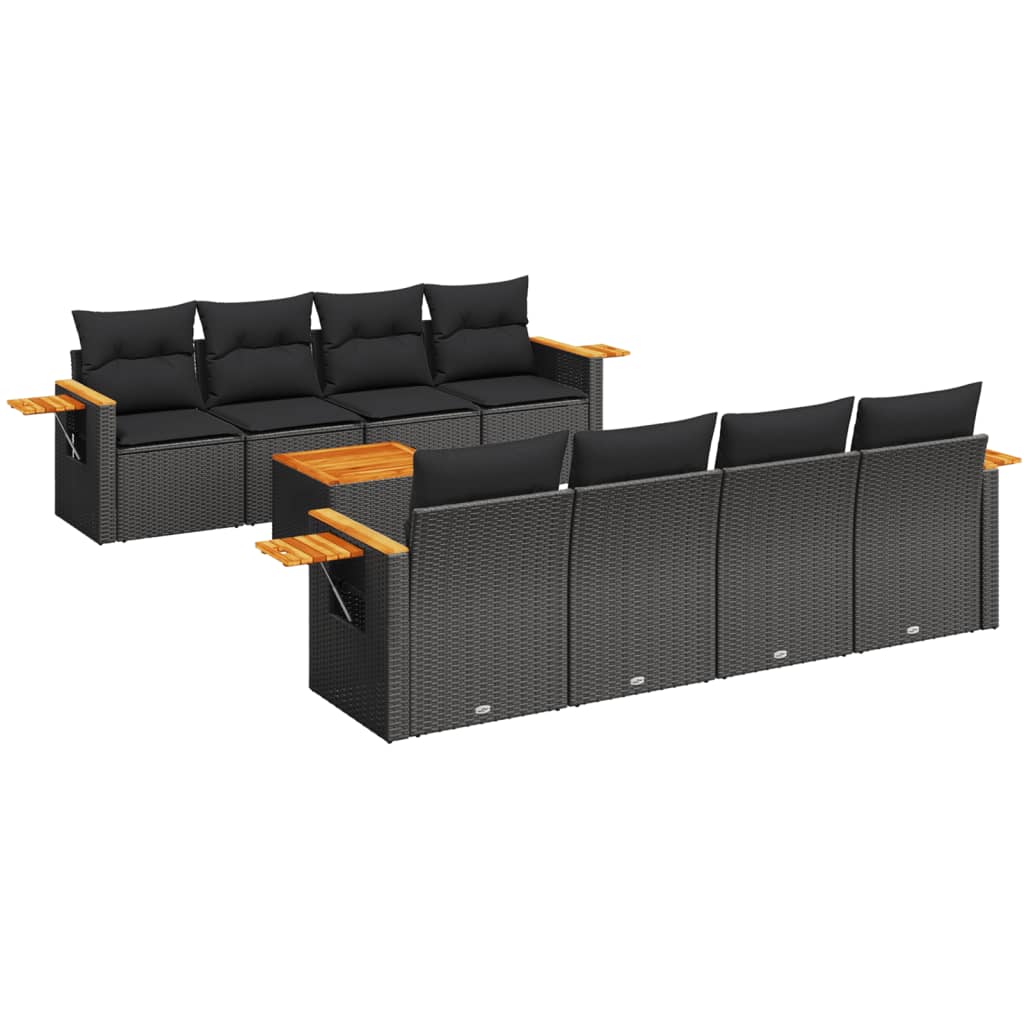 Salon de jardin 9 pcs avec coussins noir résine tressée