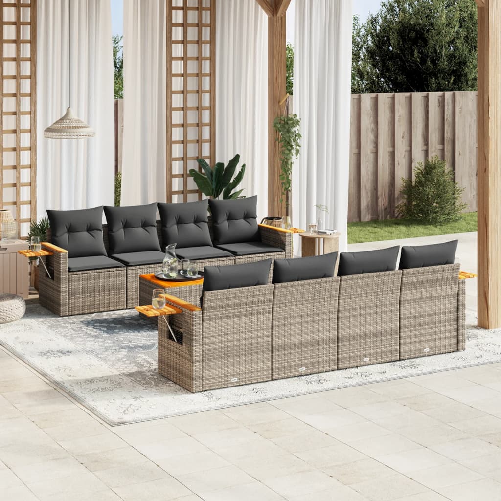Salon de jardin 9 pcs avec coussins gris résine tressée