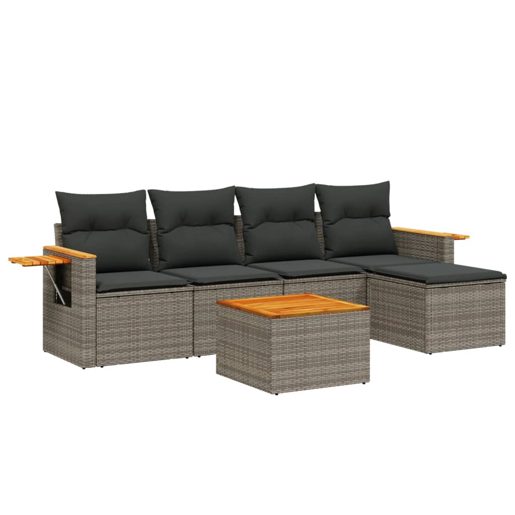 Salon de jardin 6 pcs avec coussins gris résine tressée
