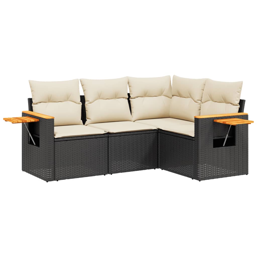 Salon de jardin 4 pcs avec coussins noir résine tressée