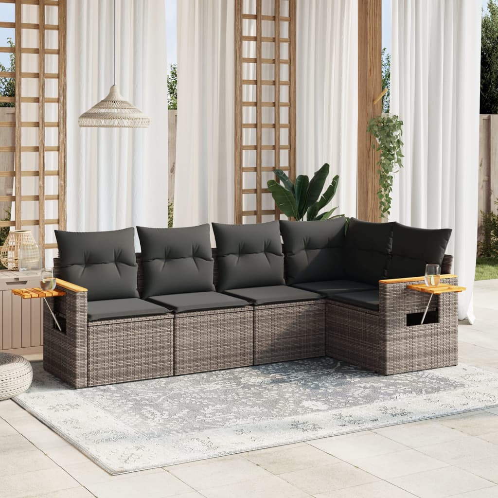 Salon de jardin 5 pcs avec coussins gris résine tressée
