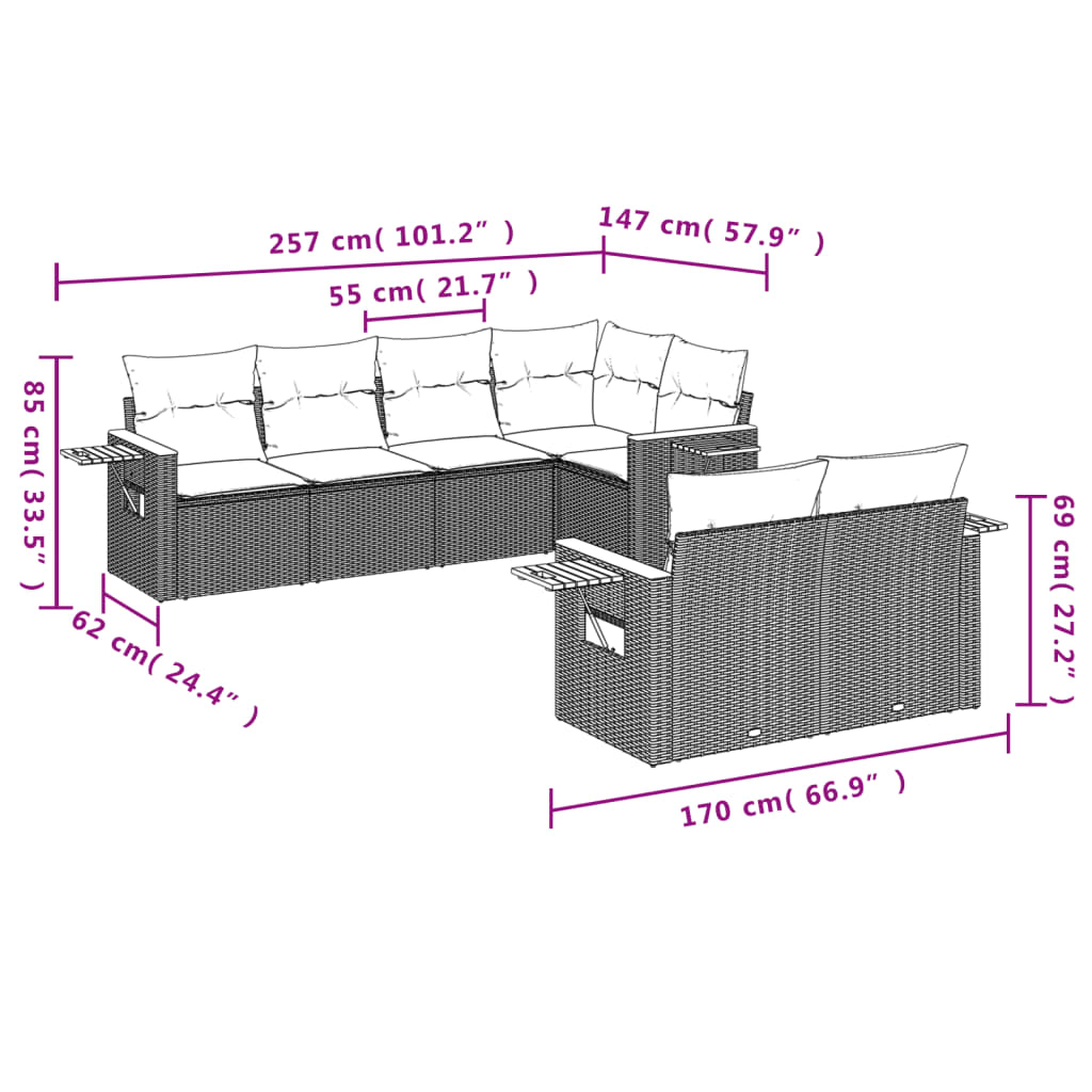 Salon de jardin avec coussins 7 pcs gris résine tressée