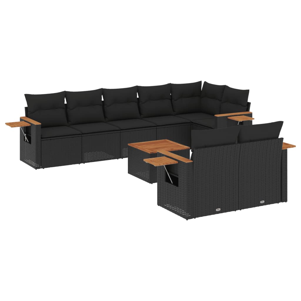 Salon de jardin 9 pcs avec coussins noir résine tressée
