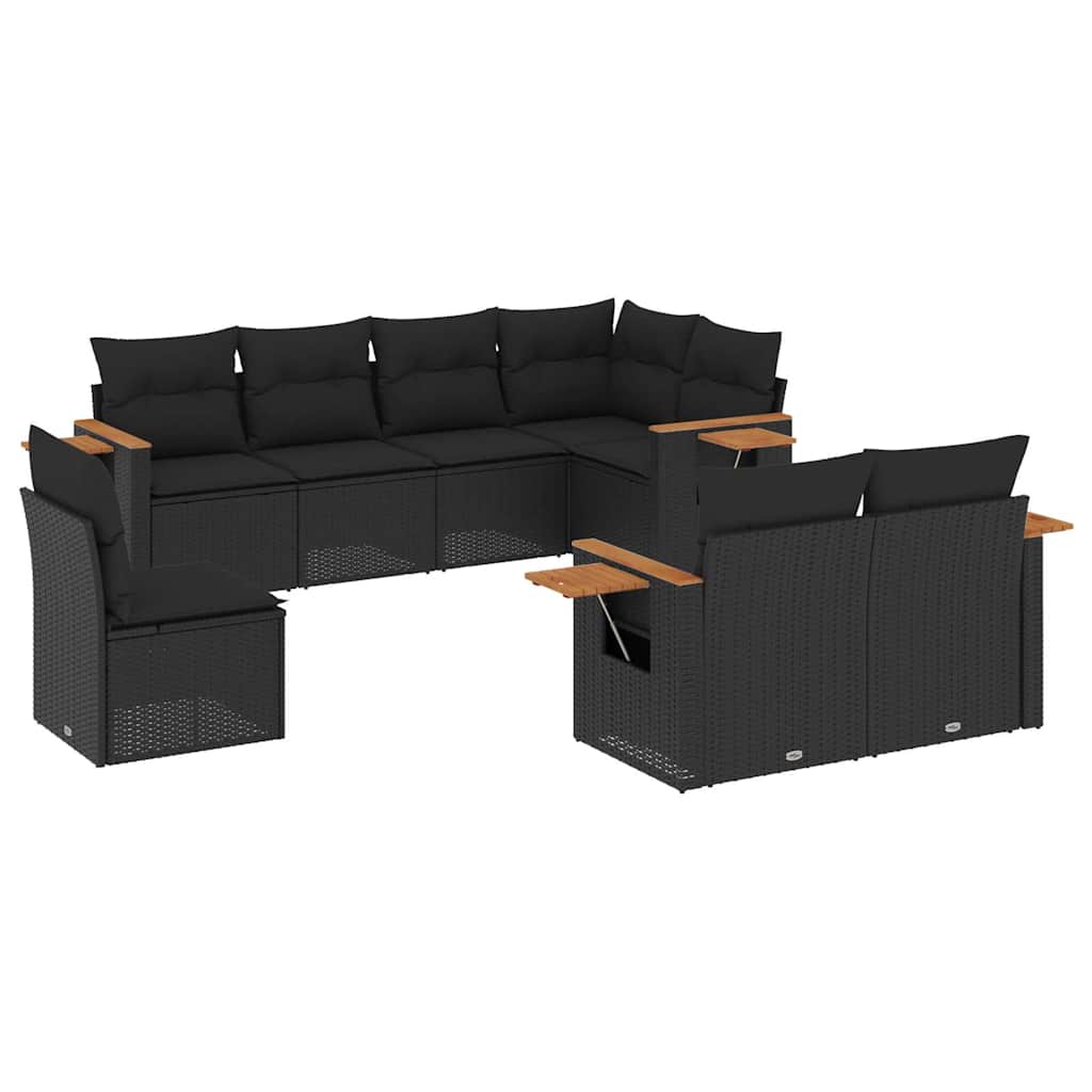 Salon de jardin 8 pcs avec coussins noir résine tressée