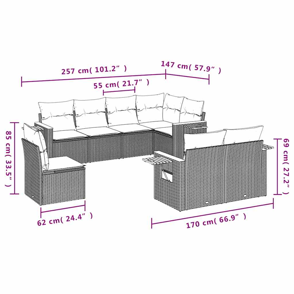 Salon de jardin 8 pcs avec coussins noir résine tressée
