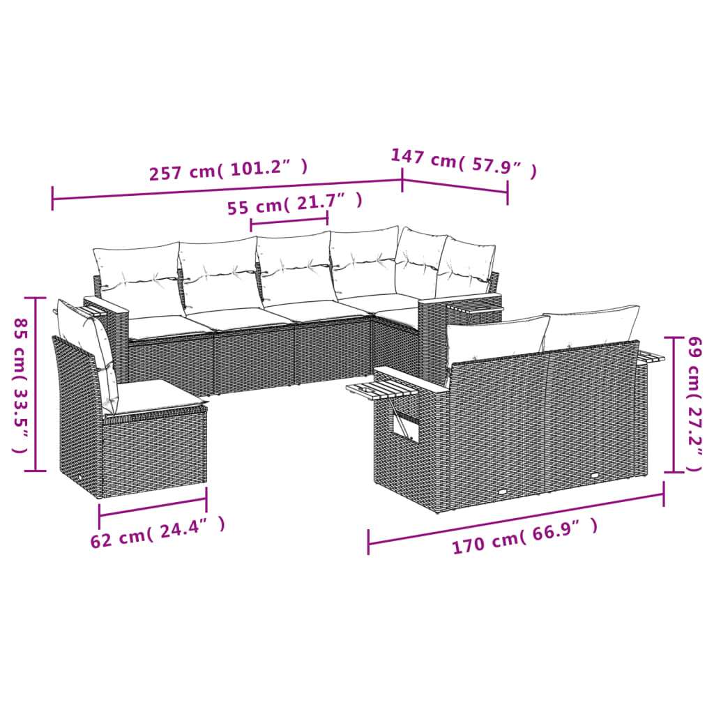 Salon de jardin 8 pcs avec coussins gris résine tressée