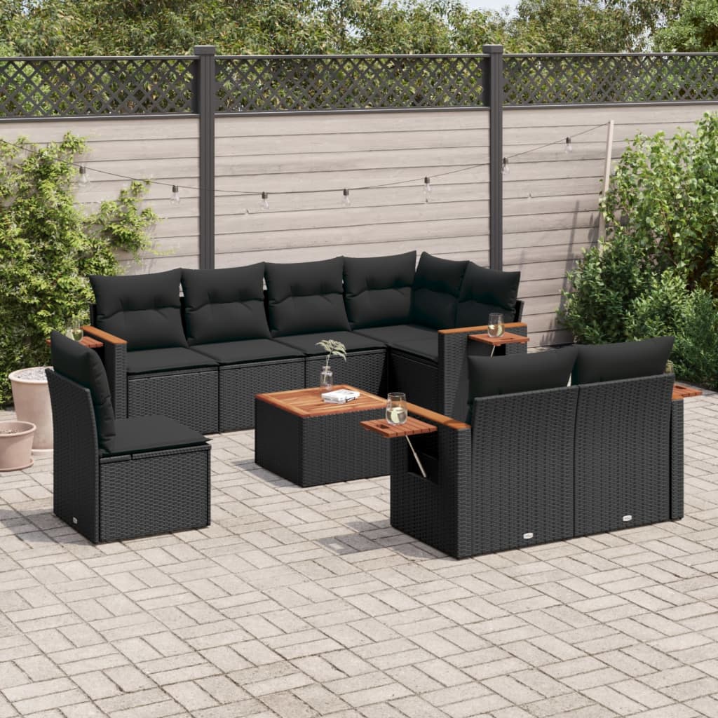 Salon de jardin 9 pcs avec coussins noir résine tressée