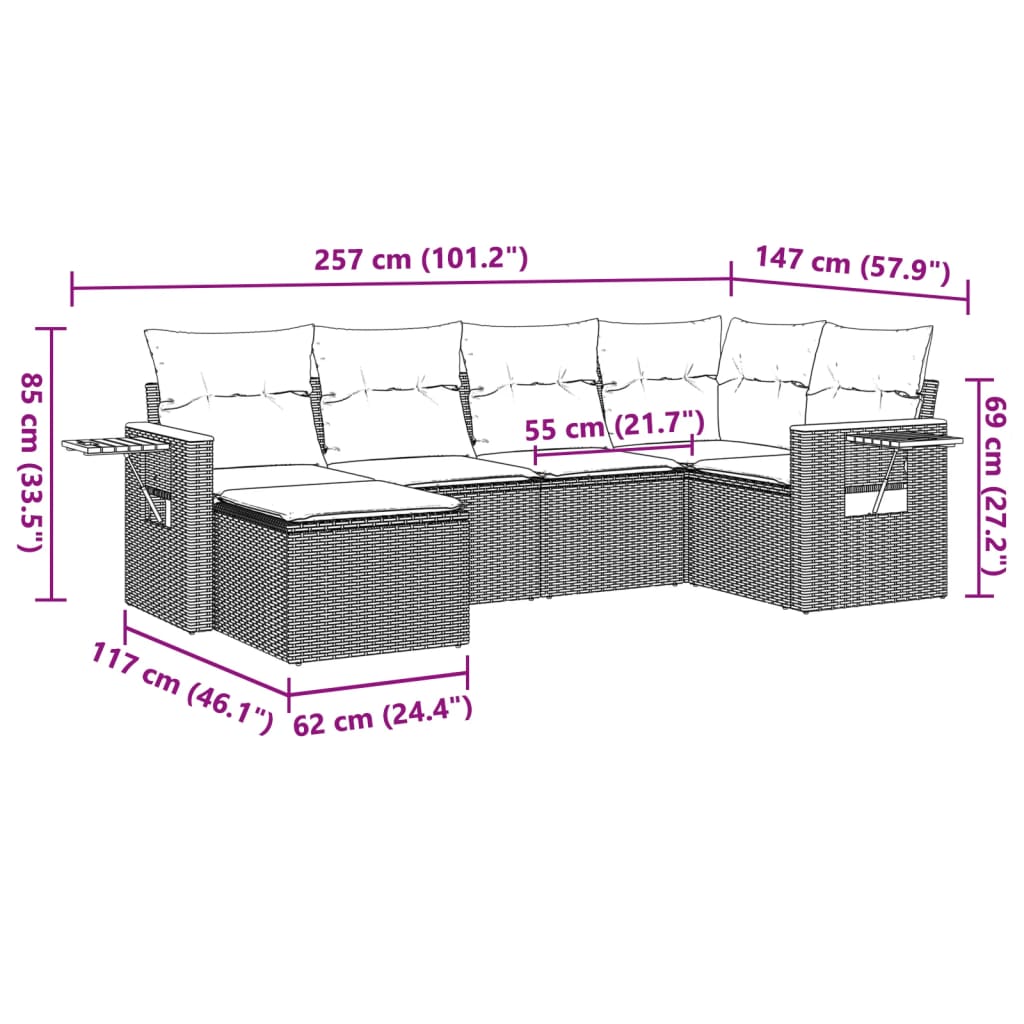 Salon de jardin 6 pcs avec coussins gris résine tressée