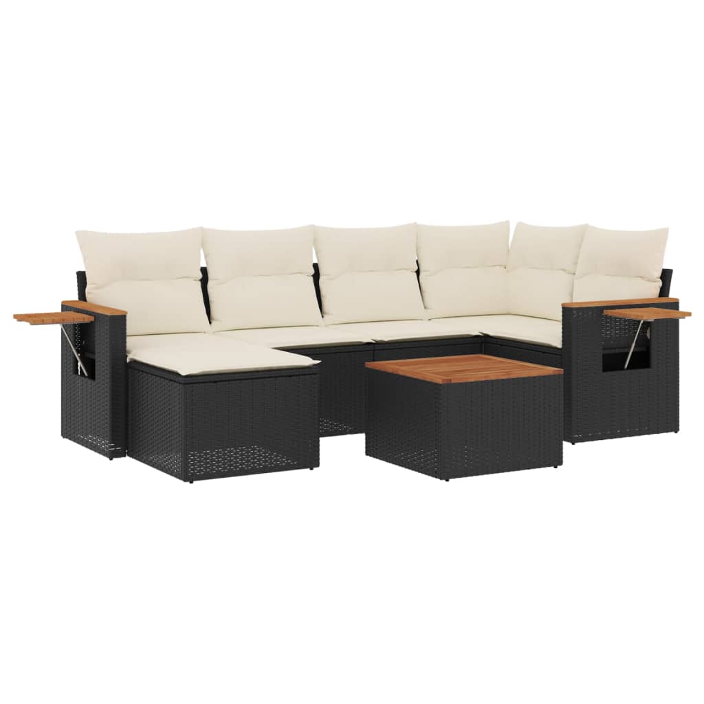 Salon de jardin 7 pcs avec coussins noir résine tressée