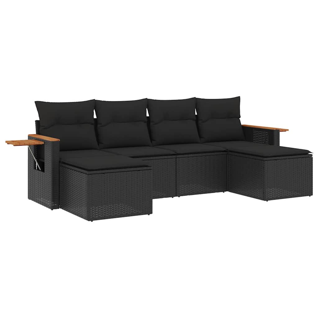 Salon de jardin 6 pcs avec coussins noir résine tressée