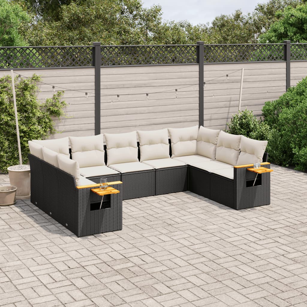 Salon de jardin 9 pcs avec coussins noir résine tressée
