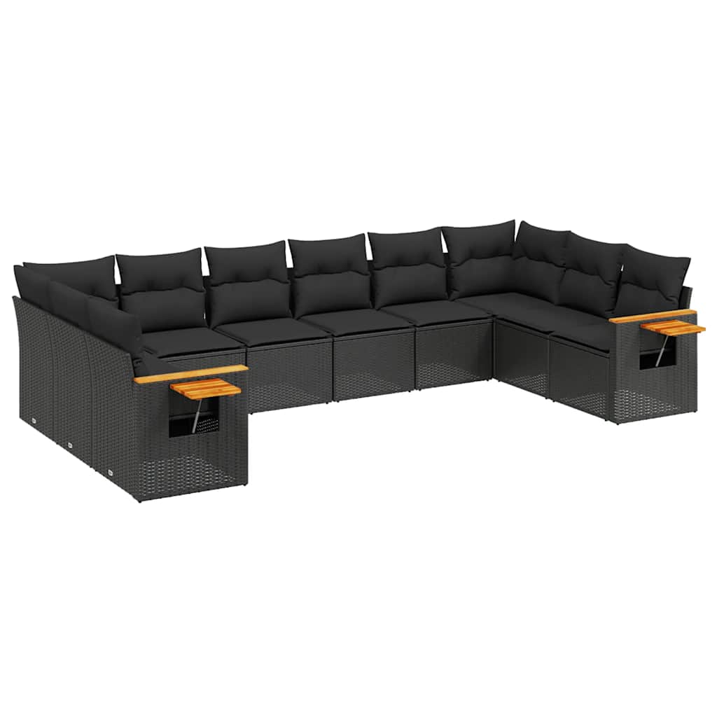 Salon de jardin 10 pcs avec coussins noir résine tressée