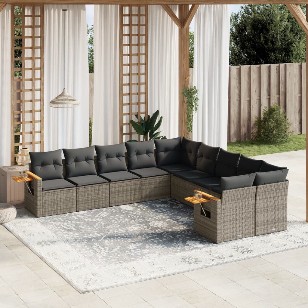 Salon de jardin avec coussins 10 pcs gris résine tressée