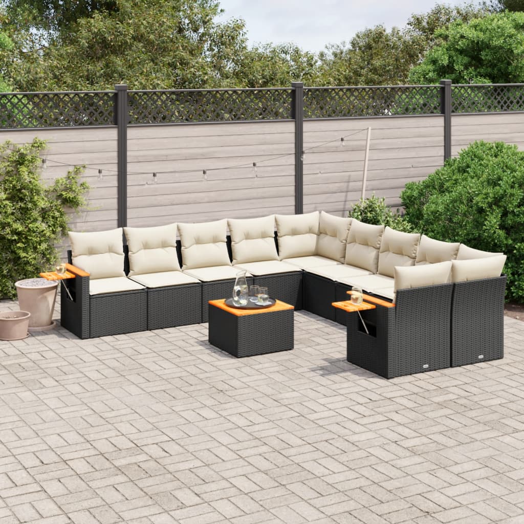Salon de jardin 11 pcs avec coussins noir résine tressée