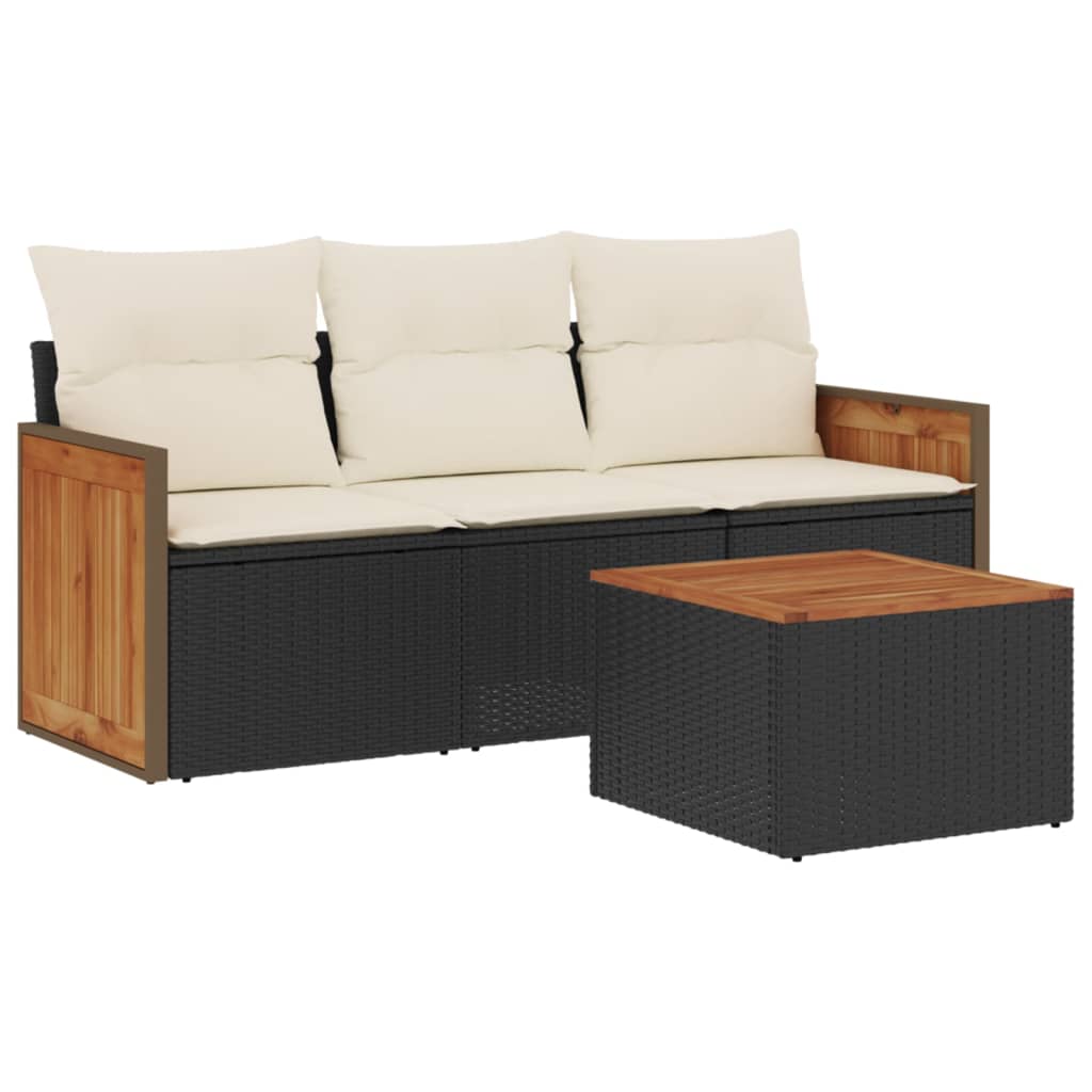Salon de jardin 4 pcs avec coussins noir résine tressée