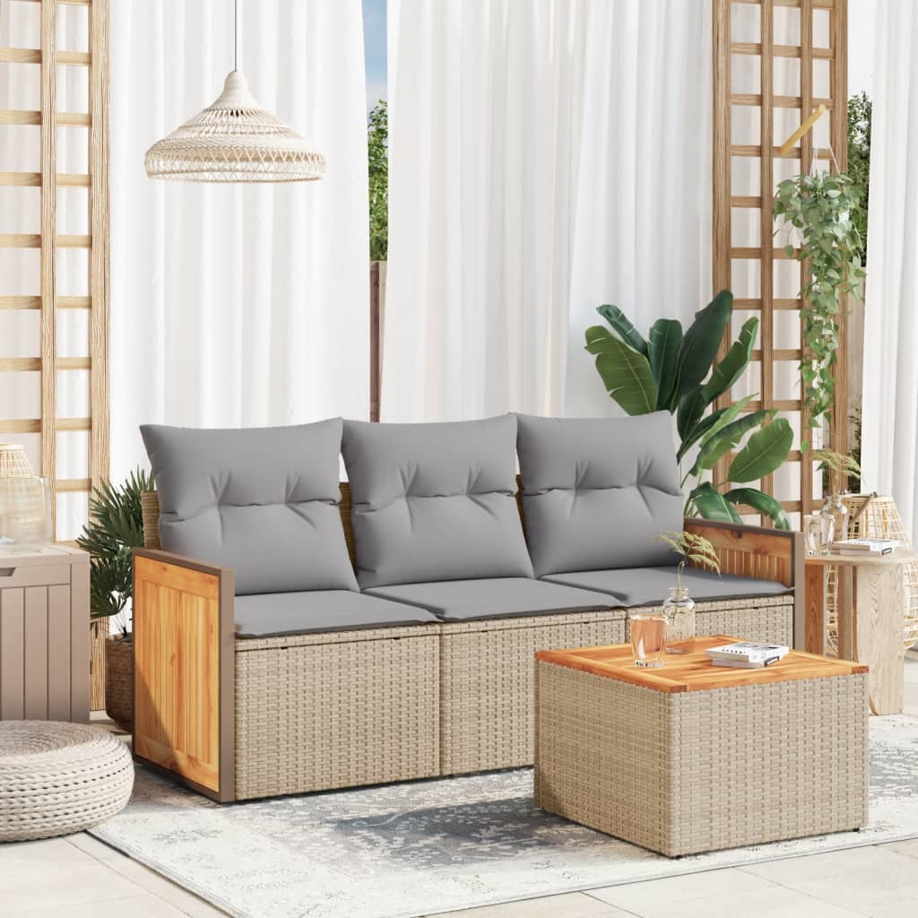 Salon de jardin avec coussins 4 pcs beige résine tressée