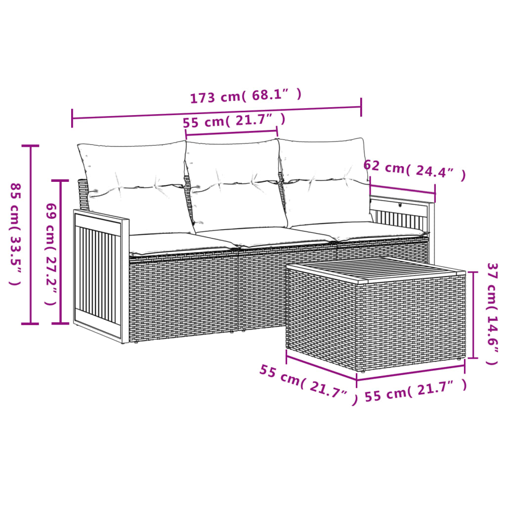 Salon de jardin 4 pcs avec coussins gris résine tressée