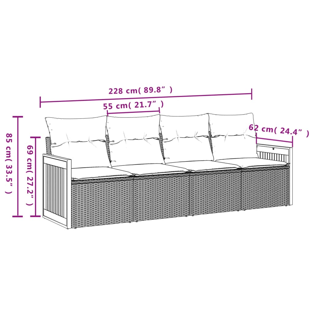 Salon de jardin 4 pcs avec coussins gris résine tressée