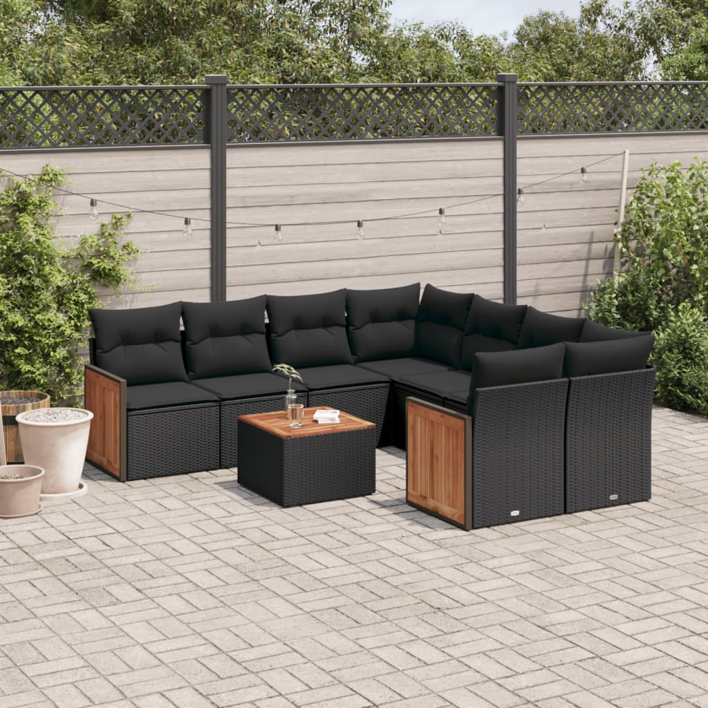 Salon de jardin 9 pcs avec coussins noir résine tressée Salons de jardin vidaXL