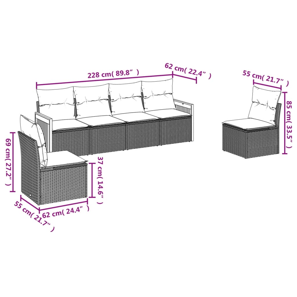 Salon de jardin 6 pcs avec coussins gris résine tressée