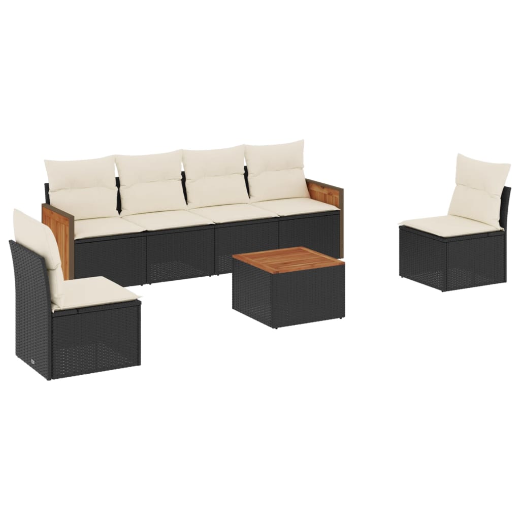 Salon de jardin 7 pcs avec coussins noir résine tressée