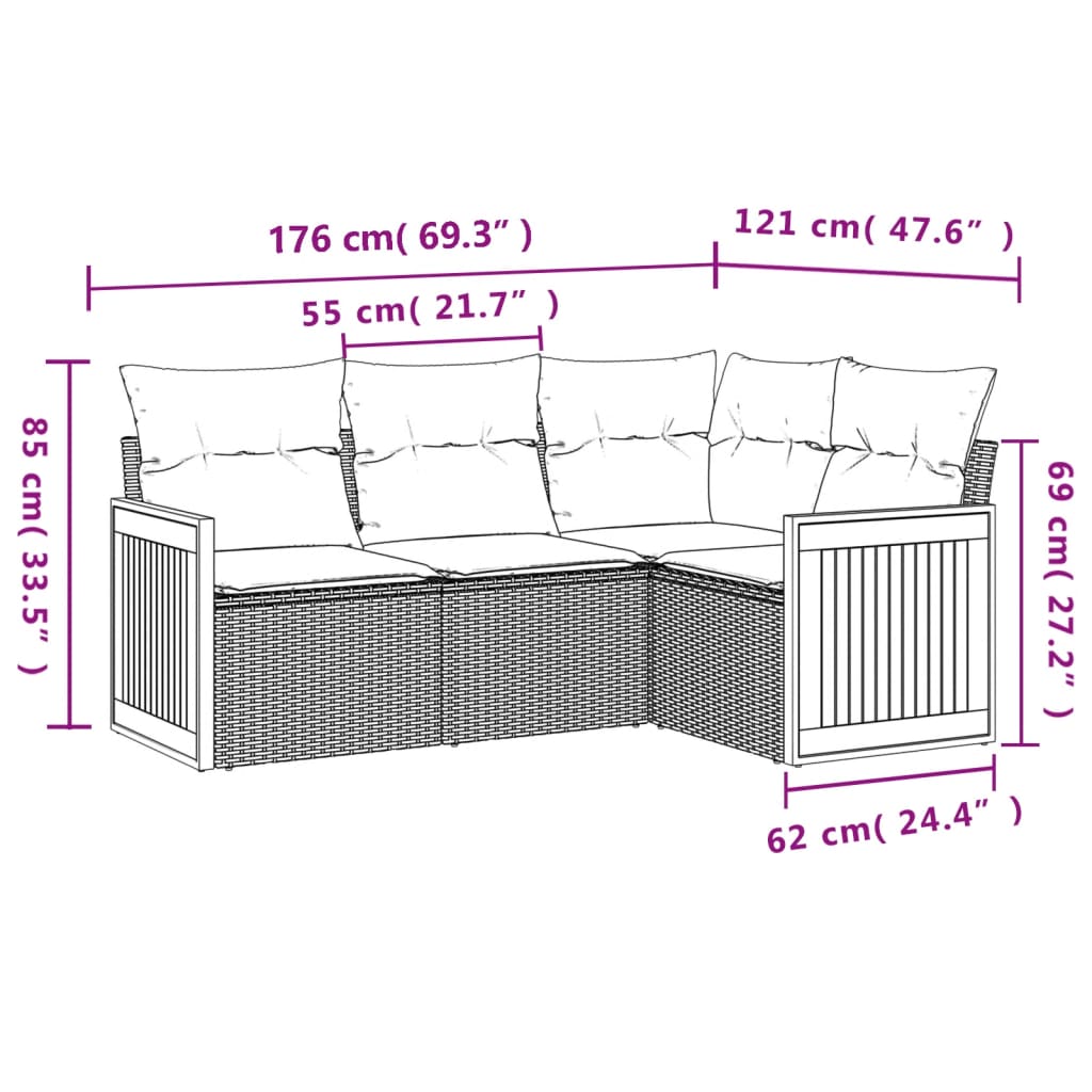 Salon de jardin 4 pcs avec coussins noir résine tressée