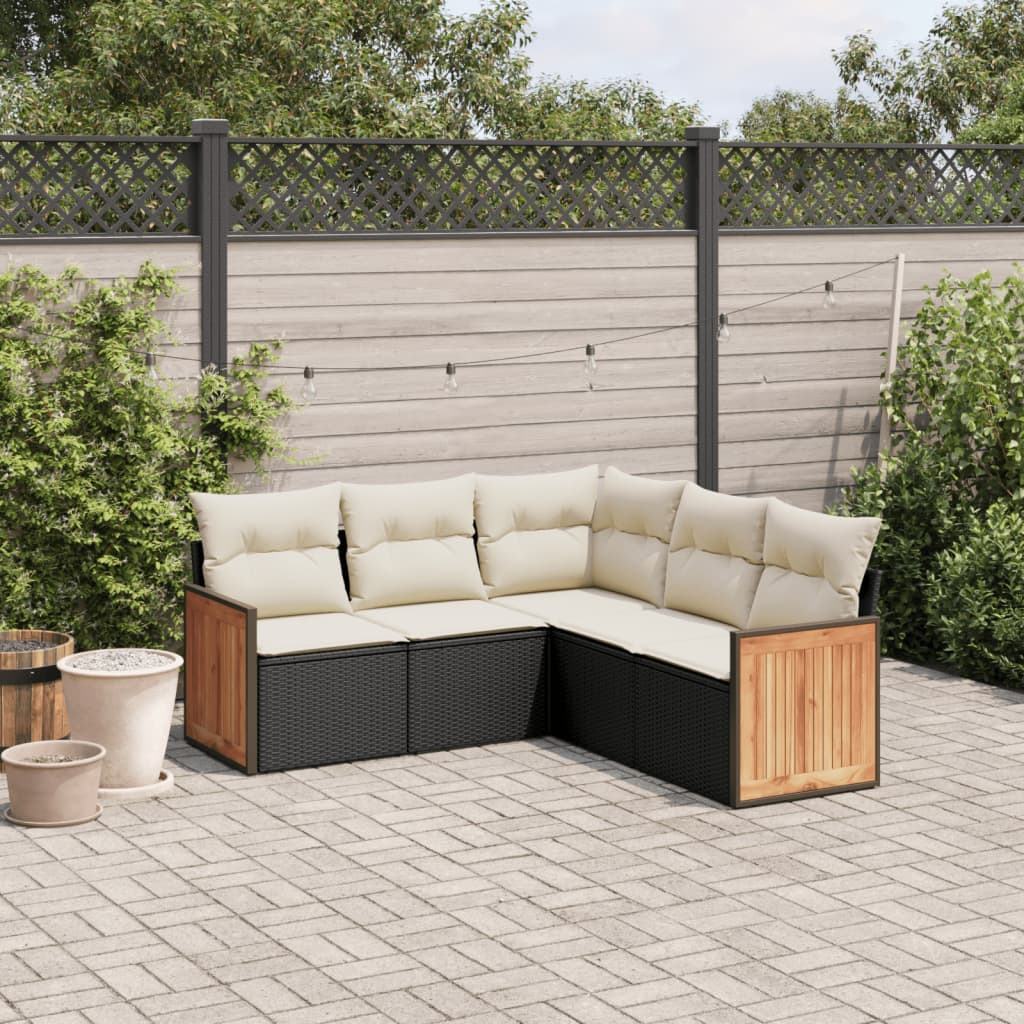 Salon de jardin 5 pcs avec coussins noir résine tressée