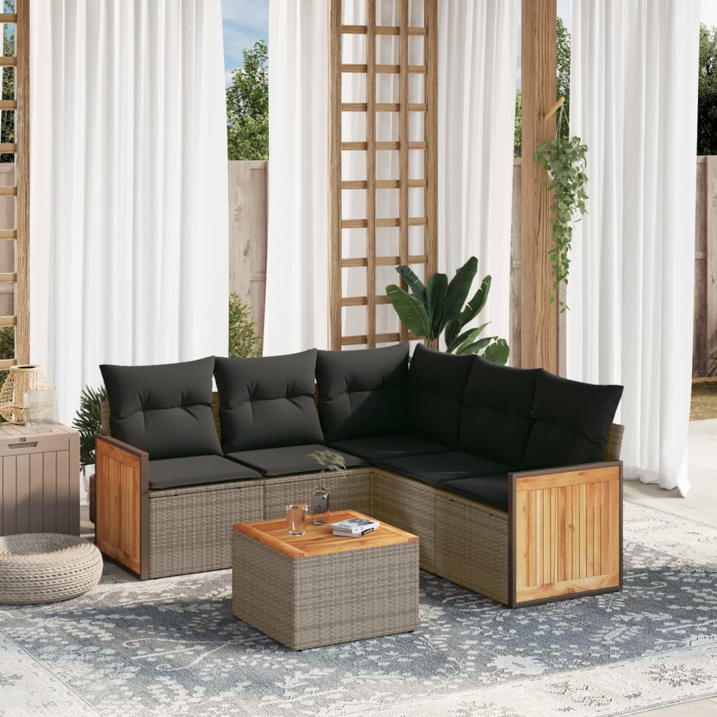 Salon de jardin 6 pcs avec coussins gris résine tressée