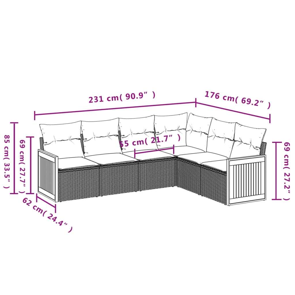 Salon de jardin 6 pcs avec coussins noir résine tressée